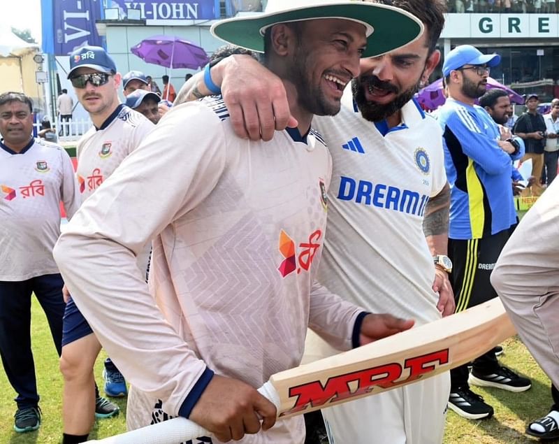 Indian star batter Virat Kohli gifted his cricket bat to former Bangladesh skipper Shakib Al Hasan for his remarkable Test career after the end of the second Test match in Kanpur