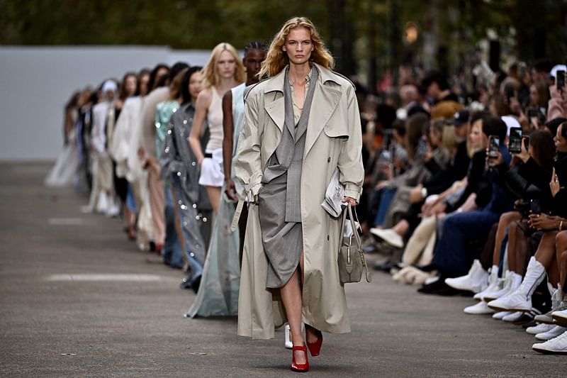 Models present a creation by Stella McCartney for the Women Ready-to-wear Spring-Summer 2025 collection as part of the Paris Fashion Week, in Paris on 30 September, 2024.