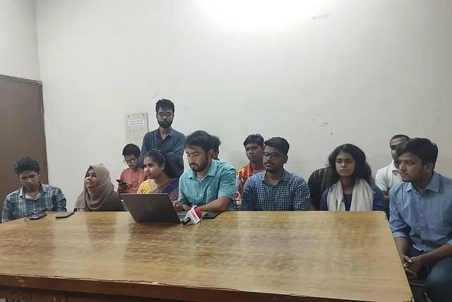 Jahangirnagar University coordinators of Students Against Discrimination at a press briefing on the campus on 3 October, 2024.