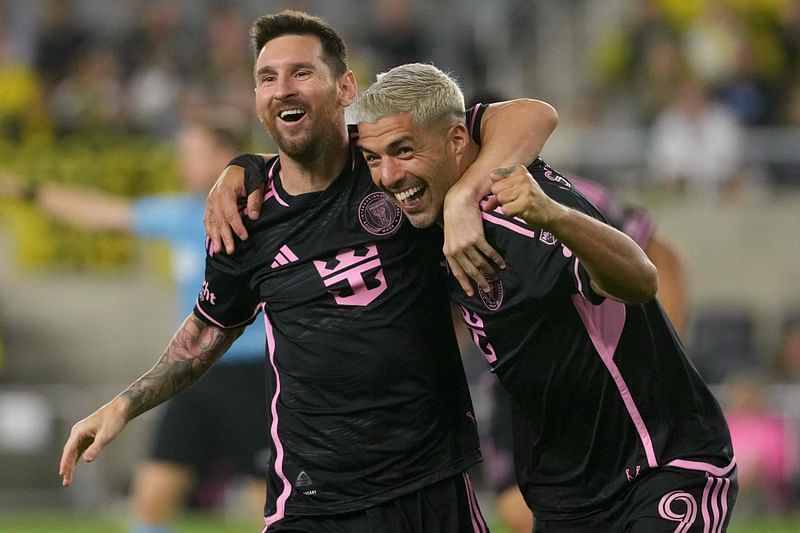 Lionel Messi and Luis Suarez of Inter Miami CF celebrate a goal during the second half against the Columbus Crew at Lower.com Field on 2 October, 2024 in Columbus, Ohio