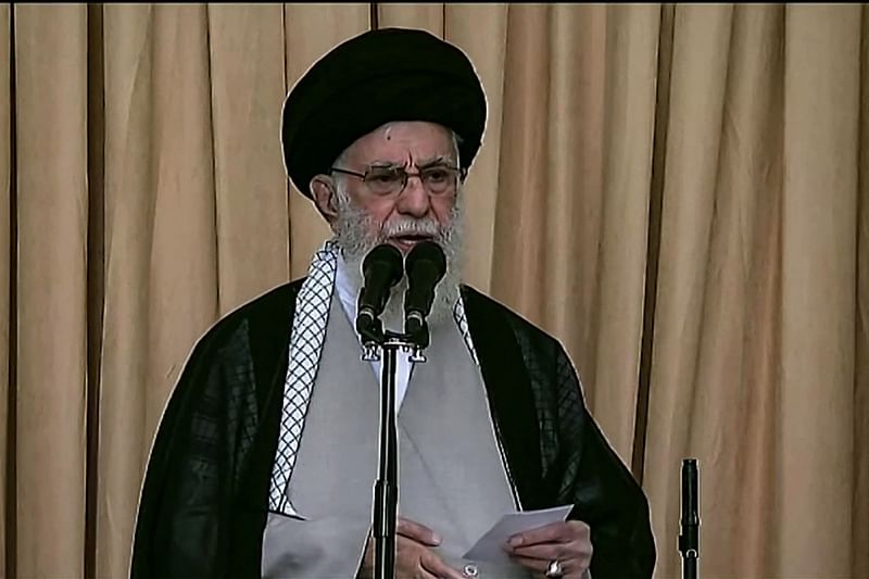 This image grab from a handout video provided by Iran Press on October 4, 2024, shows Iran's Supreme Leader Ayatollah Ali Khamenei delivering a rare Friday sermon at a mosque in Tehran after the Islamic republic had launched a missile attack on Israel.