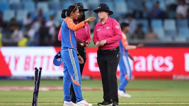 India skipper Harmanpreet Kaur speaks agitatedly with the umpires.