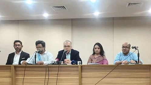 Chief of the anti-corruption reform commission, Iftekharuzzaman speaks to journalists at a press conference after the first meeting of the commission. Photo taken at the TIB office in Dhanmondi area of Dhaka on 7 October 2024.