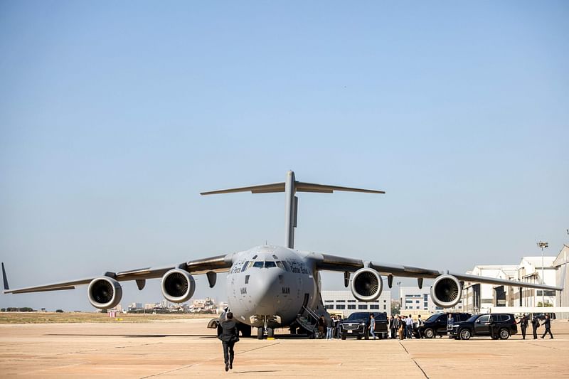 A Qatar Amiri Air Force Boeing C-17A Globemaster III military transport aircraft carrying medical aid provided by Qatar is pictured on the tarmac at Beirut International Airport on 8 October, 2024.