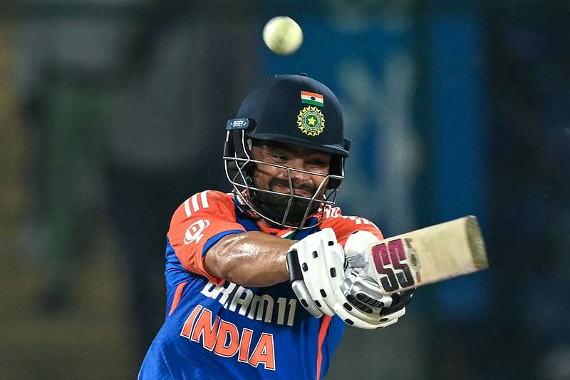 India's Rinku Singh plays a shot during the second Twenty20 international cricket match between India and Bangladesh at the Arun Jaitley Stadium in New Delhi on October 9, 2024