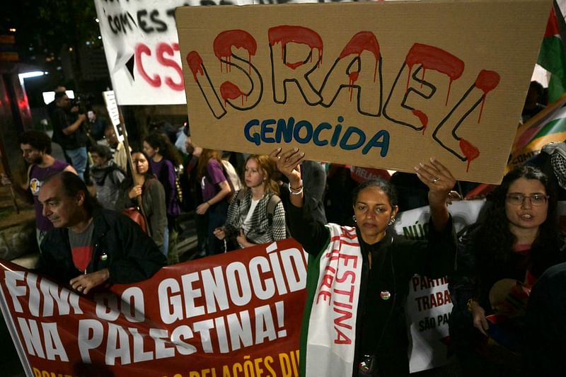 Pro-Palestinian supporters take part in a demonstration within the framework of the first anniversary of the Israel-Hamas conflict in Sao Paulo, Brazil, on October 8, 2024