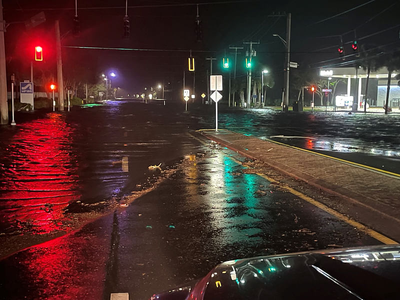 A view of a road flooded from the storm surge caused by Hurricane Milton, in Lee County, Florida, US, on 9 October 2024 in this handout image