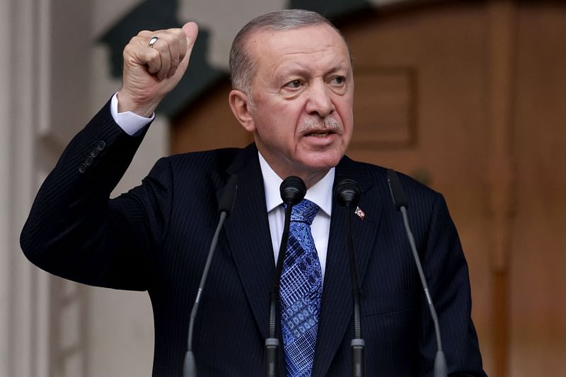 Turkey's President Recep Tayyip Erdogan gestures as he delivers a speech during the opening ceremony of the new mosque of Namazgjah in Tirana, 10 October, 2024.