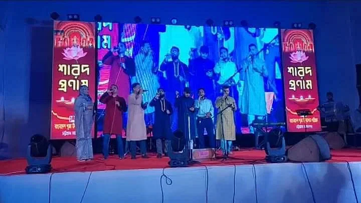 Six members of Chattogram Cultural Academy, a cultural organisation, performed two songs on the stage of a Durga Puja Mandap in the city on Thursday evening.