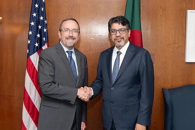 Foreign secretary Jashim Uddin holds a key meeting with acting under secretary of state for political affairs John Bass on 10 October, 2024.