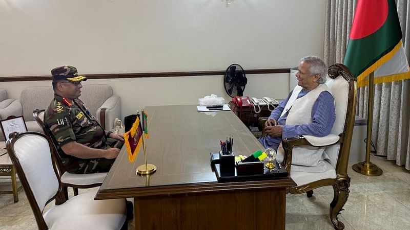 Chief of army staff general Waker-Uz-Zaman pays a courtesy call on interim government chief adviser professor Dr. Muhammad Yunus at his office on 13 October 2024