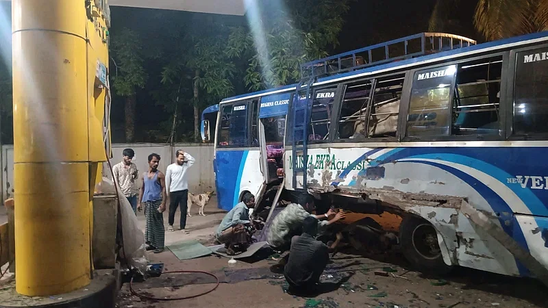 The bus with the cyinder that exploded killing three people in Sadar upazila of Lakshmipur district early on 14 October 2024.