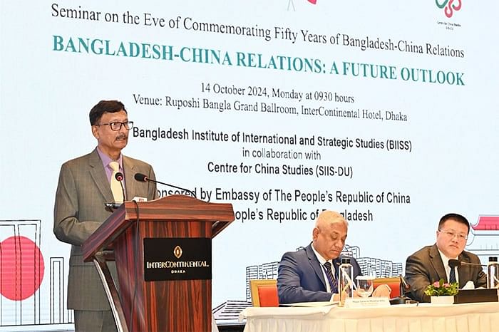 Foreign affairs adviser Md. Touhid Hossain addresses a seminar "Bangladesh-China Relations: A Future Outlook" jointly organised by Bangladesh Institute of International and Strategic Studies and Centre for China Studies with the help of the Chinese embassy in Dhaka on 14 October 2024