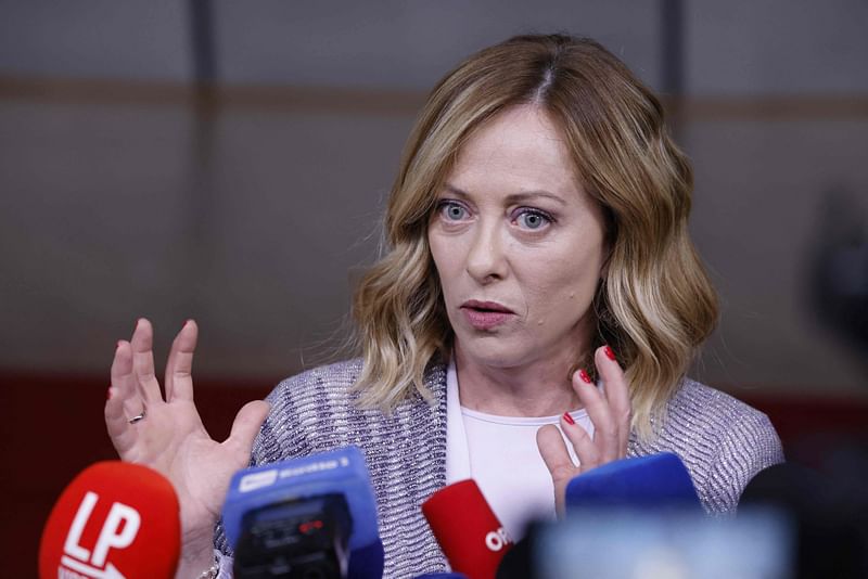 Italy’s prime minister Giorgia Meloni reacts as she speaks to the press at the end of the European Council Summit at the EU headquarters in Brussels on 28 June 2024