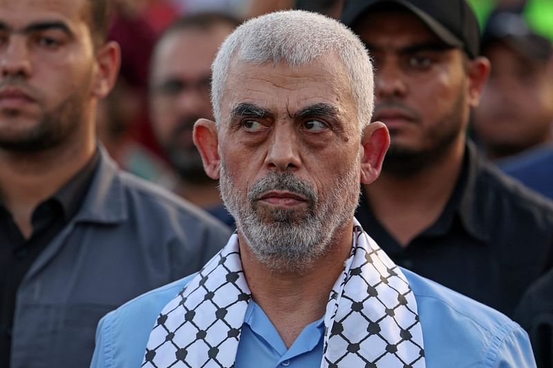 Head of the political wing of the Palestinian Hamas movement in the Gaza Strip Yahya Sinwar attends a rally in support of Jerusalem's al-Aqsa mosque in Gaza City on 1 October, 2022. Israeli Foreign Minister Israel Katz on 17 October announced the killing of Hamas leader Yahya Sinwar, who Israel has accused of masterminding the group's attack on 7 October last year.