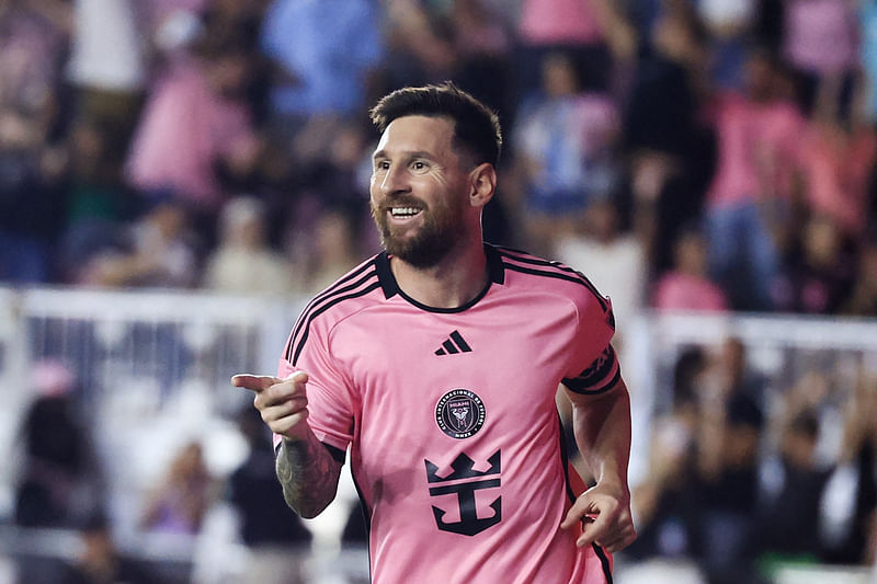 Lionel Messi #10 of Inter Miami celebrates scoring his third goal during the second half against the New England Revolution at Chase Stadium on 19 October, 2024 in Fort Lauderdale, Florida.