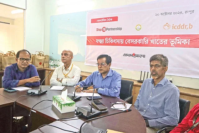 (From the left) Rangpur division TB specialist Rana Chowdhury, Consultant, USAID’s Alliance for Combating TB in Bangladesh, icddr,b Azharul Islam Khan, line director at the DGHS Mahfuzar Rahman Sarker and Rangpur deputy civil surgeon Ruhul Amin participated at the roundtable at RDRS Bangladesh auditorium on Sunday.