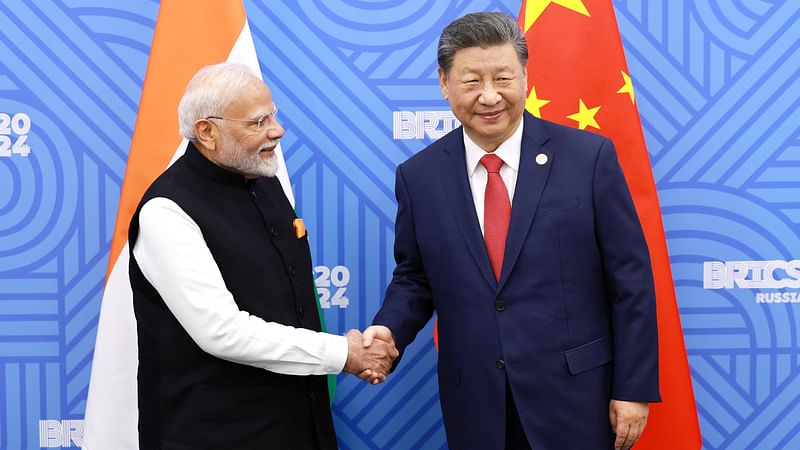 Chinese president Xi Jinping and India prime minister Narendra Modi meet on the sidelines of the BRICS summit in Kazan, Russia on 23 October 2024