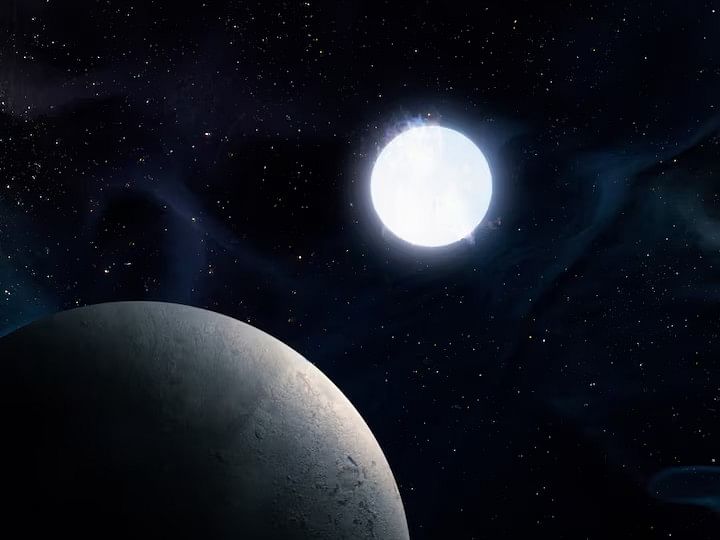 An artist's impression shows a rocky planet orbiting a stellar remnant called a white dwarf roughly 4,200 light years from Earth in this undated illustration.