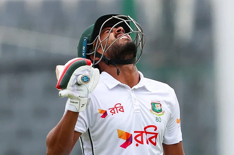 Agonised Bangladesh batter Mehidy Hasan Miraz who missed his 2nd Test hundred by just three runs in the second innings against visiting South Africa at Mirpur stadium on 24 October 2024