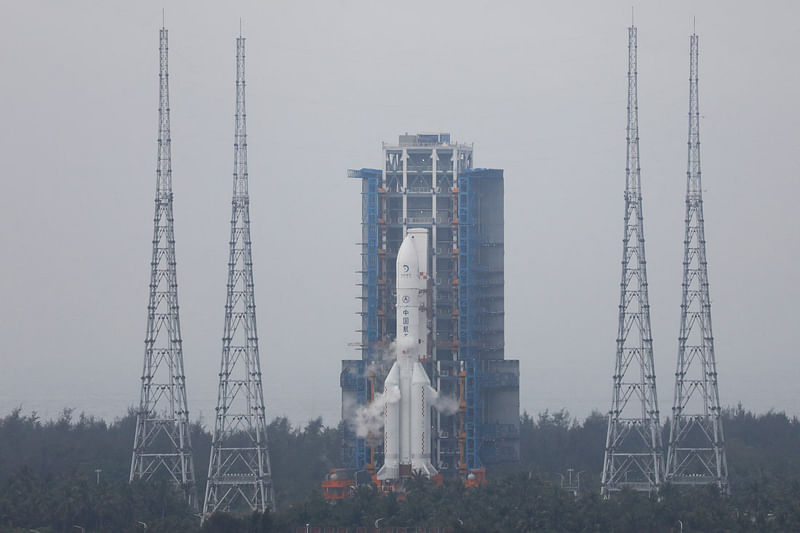 The Chang'e 6 lunar probe and the Long March-5 Y8 carrier rocket combination sit atop the launch pad at the Wenchang Space Launch Site in Hainan province, China on 3 May 2024.