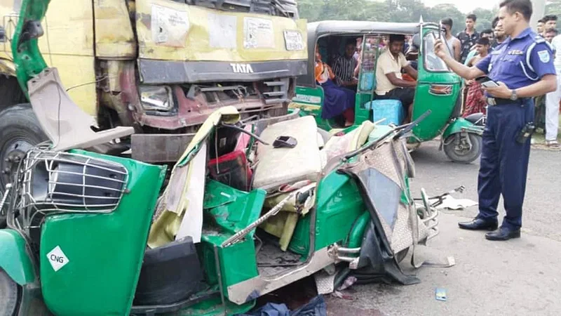 A CNG-run auto-rickshaw that was wrecked from a head-on collision with a freight truck at Shibpur upazila in Narsingdi on 26 October 2024.