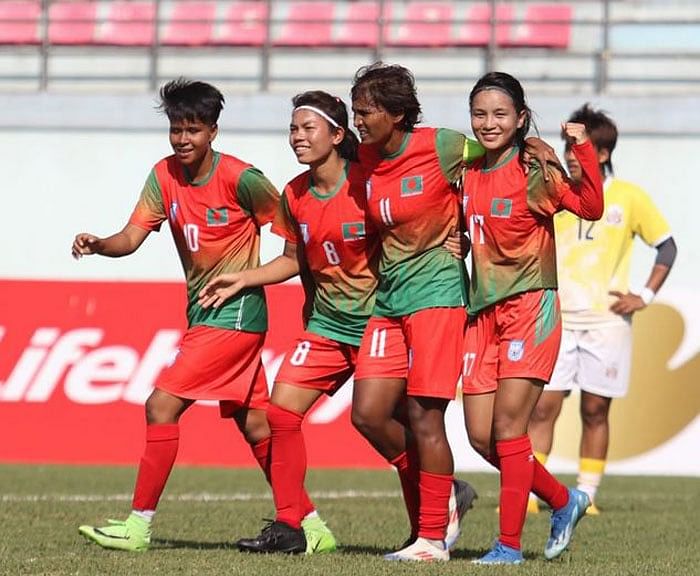 Bangladesh players celebrate a goal against Bhutan in the 1st semi-final at Dasharath Rangasala Stadium in Kathmandu, Nepal on 27 October 2024