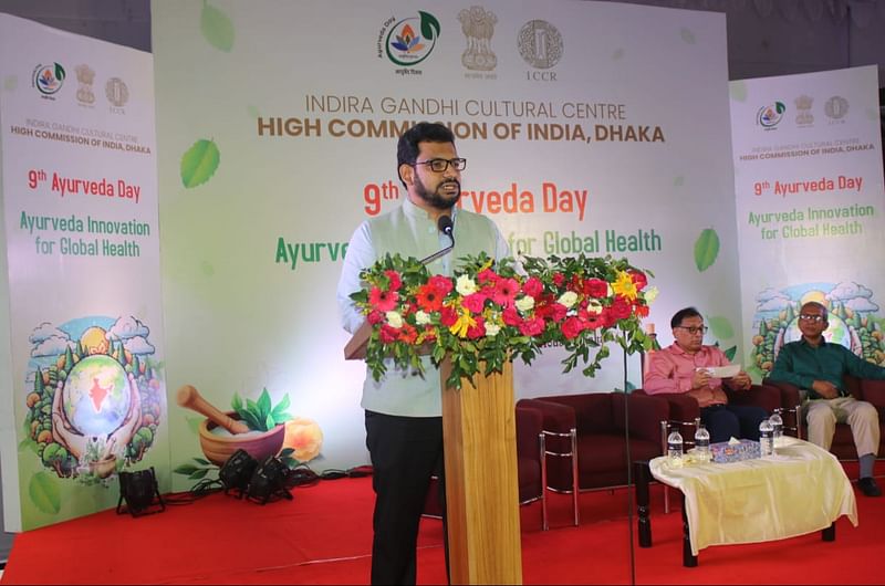 The acting high commissioner of India, Pawan Badhe, speaking at the 9th Ayurveda Day at the Indira Gandhi Cultural Centre in Dhaka on Tuesday.