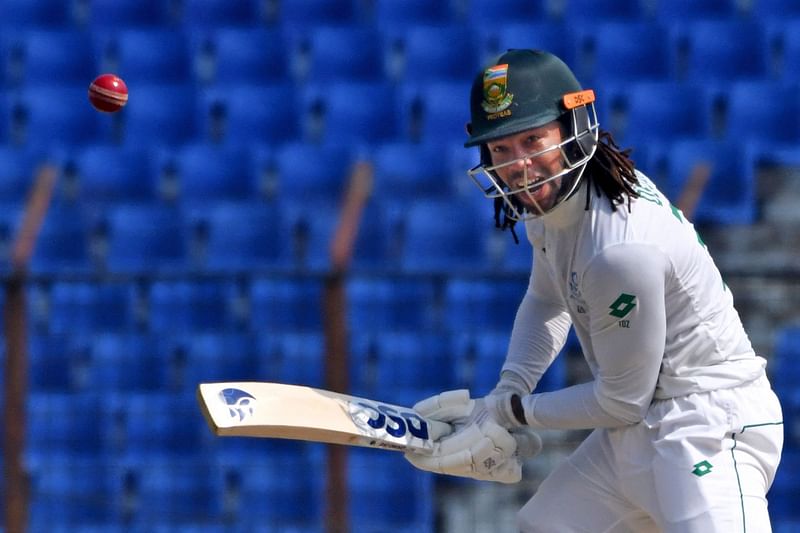 Tony De Zorzi plays a shot during the first day of the second Test cricket match between Bangladesh and South Africa at the Zahur Ahmed Chowdhury Stadium in Chattogram on 29 October, 2024.