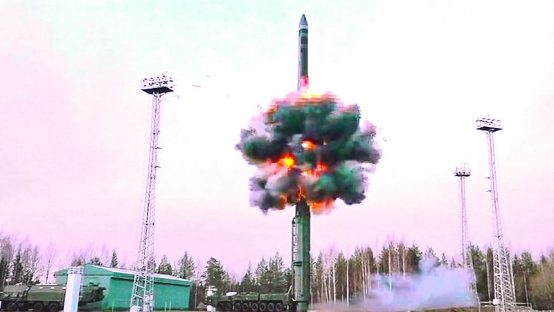 This grab from a handout footage released by the Russian Defence Ministry press service on 29 October 2024, shows the launch of a Yars intercontinental ballistic missile during drills of the strategic deterrence forces.