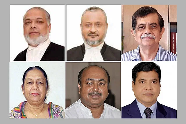 Justice Zubayer Rahman Chowdhury, justice AKM Asaduzzaman, professor CR Abbar, Auditor General Mohammad Nurul Islam, PSC Chairman Mobasher Monem and Professor Jinnatun Nessa Tahmida Begum (From above clockwise)