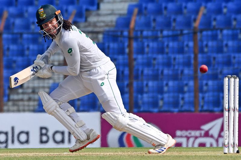 South Africa’s Tony De Zorzi plays a shot during the first day of the second Test cricket match between Bangladesh and South Africa at the Zahur Ahmed Chowdhury Stadium in Chittagong on October 29, 2024