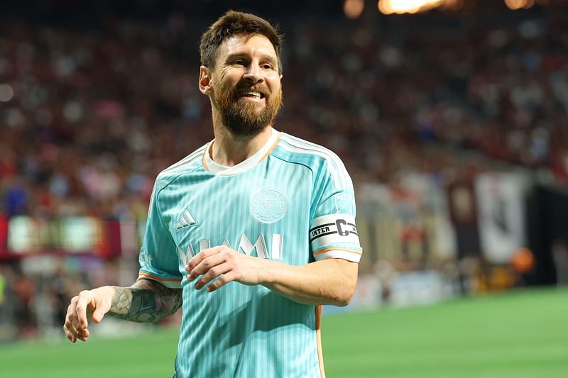 Lionel Messi #10 of Inter Miami reacts against Atlanta United during the second half of the 2024 MLS Cup Playoffs at Mercedes-Benz Stadium on 2 November, 2024 in Atlanta, Georgia.