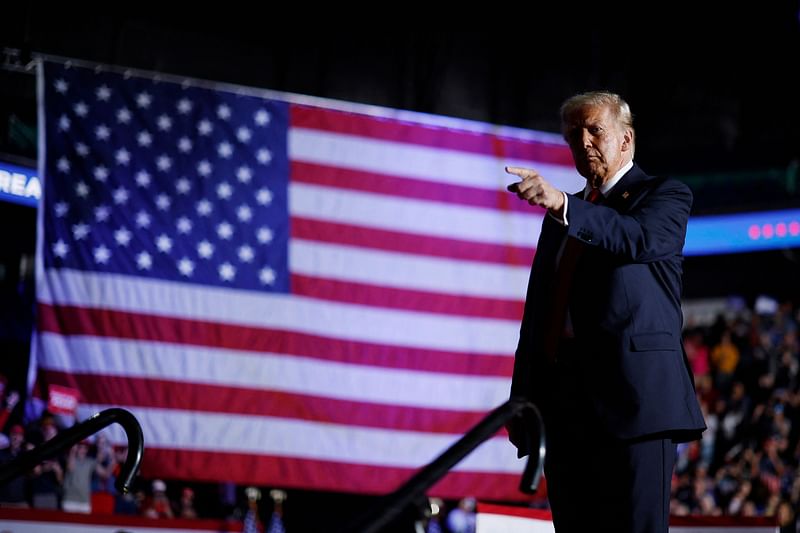 Republican presidential nominee, former President Donald Trump walks off stage at the conclusion of a campaign rally at Gastonia Municipal Airport on November 02, 2024 in Gastonia, North Carolina.