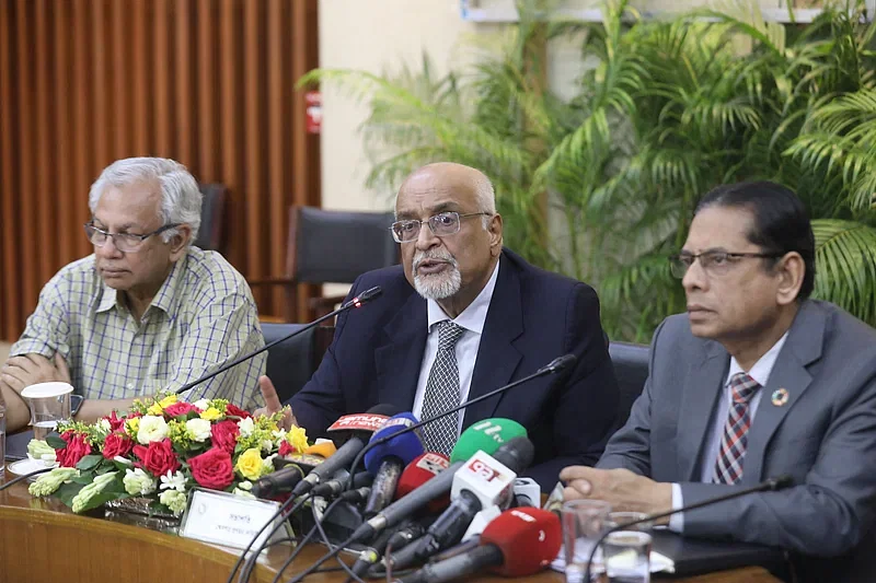 Economist and distinguished fellow at the Centre for Policy Dialogue, Debapriya Bhattacharya, addresses a press conference of the national white paper composition committee at the ECNEC auditorium of the planning commission in Dhaka on 3 November 2024