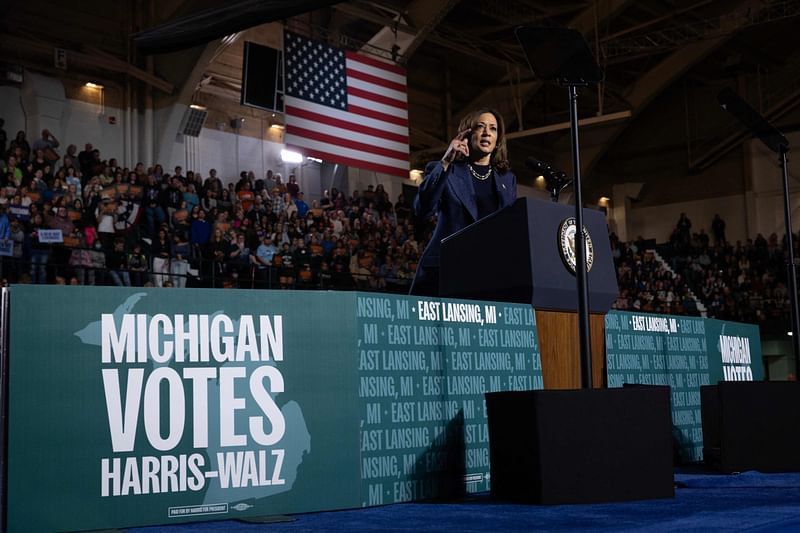 Democratic presidential nominee, US Vice President Kamala Harris speaks at a campaign rally at Jenison Field House on the Michigan State University campus on November 03, 2024 in Lansing, Michigan