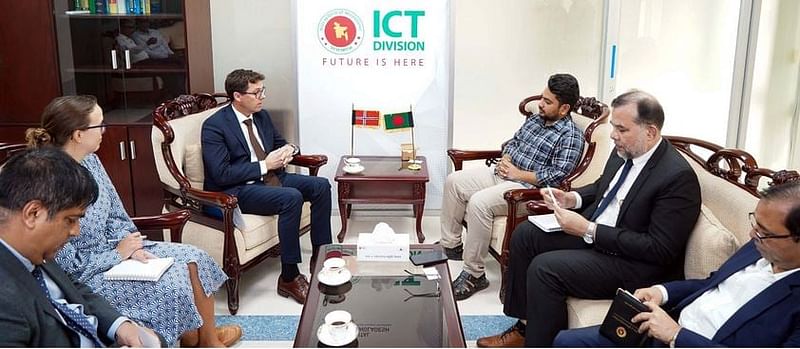 Norway ambassador Hakon Arald Gulbrandsen calls on Posts, telecommunications and information technology adviser Nahid Islam at his office at ICT division on 4 November 2024