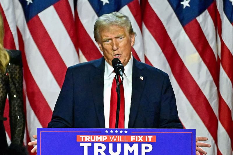 Former US President and Republican presidential candidate Donald Trump speaks during an election night event at the West Palm Beach Convention Center in West Palm Beach, Florida, on 6 November 2024.