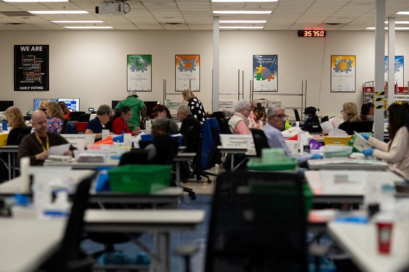 Election workers process ballots for the 2024 US presidential election on Election Day at the Maricopa County Tabulation and Election Center in Phoenix, Arizona, US, on 5 November 2024