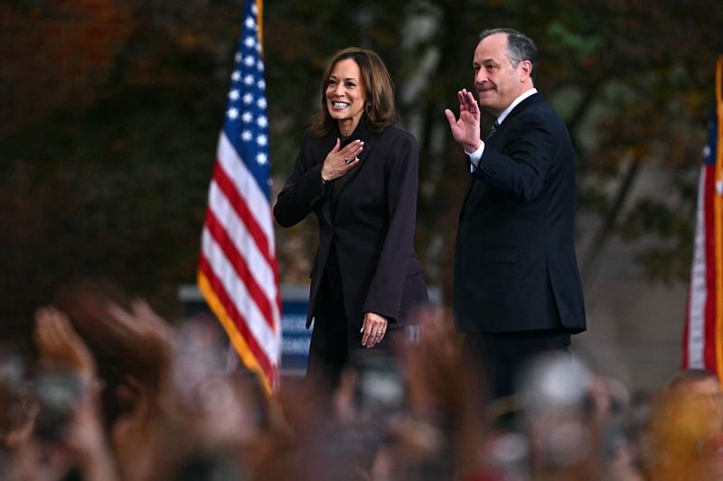 US Vice President Democratic presidential candidate Kamala Harris and her husband Second Gentleman Doug Emhoff leave after she delivered her concession speech at Howard University in Washington, DC, on November 6, 2024