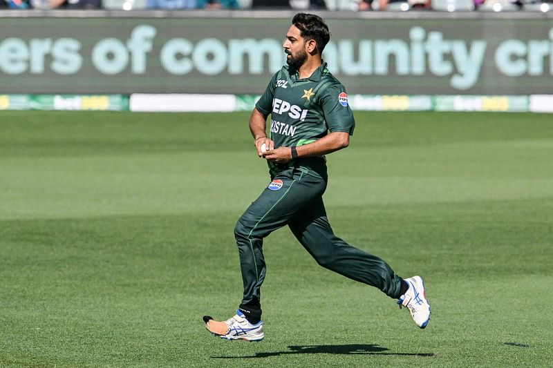 Pakistan's Haris Rauf bowls during the one-day international cricket match match between Australia and Pakistan at Adelaide Oval in Adelaide on 8 November, 2024.