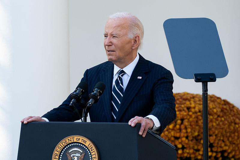 US President Joe Biden delivers remarks on the 2024 election results and the upcoming presidential transition of power, in the Rose Garden of the White House in Washington, US, on 7 November 2024