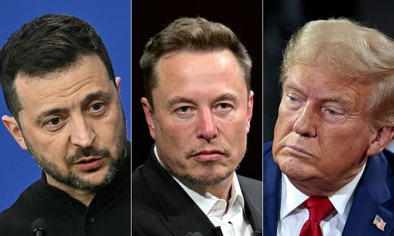 This combination of pictures created on 8 November, 2024 shows Ukraine's President Volodymyr Zelensky (L), Tesla CEO Elon Musk and US President-elect Donald Trump