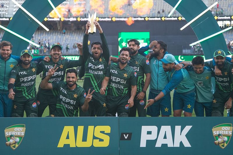 Pakistan's players celebrate winning the series after their victory in the third one-day International (ODI) cricket match between Australia and Pakistan at Perth Stadium in Perth on November 10, 2024