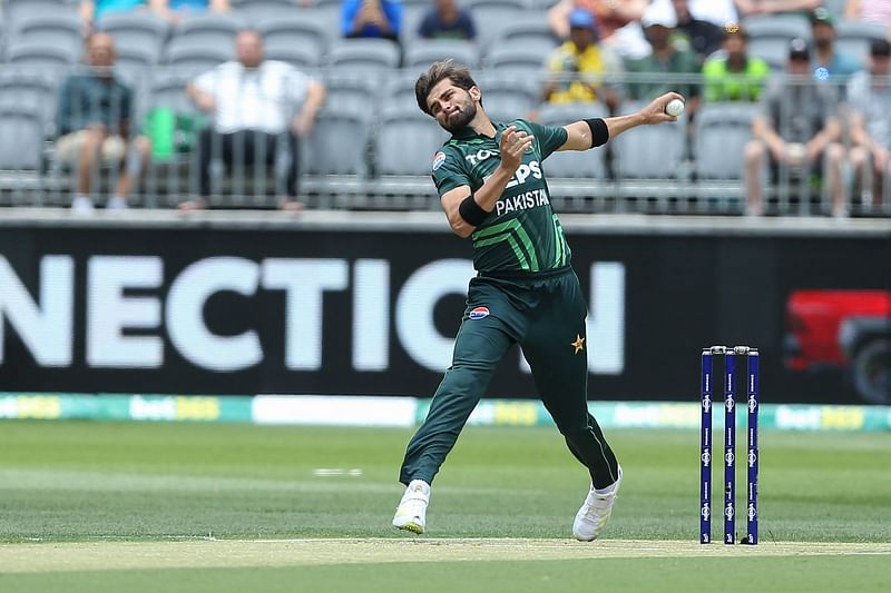 Pakistan’s Shaheen Afridi bowls during the third one-day international (ODI) cricket match between Australia and Pakistan at the Perth Stadium in Perth on 10 November 2024.