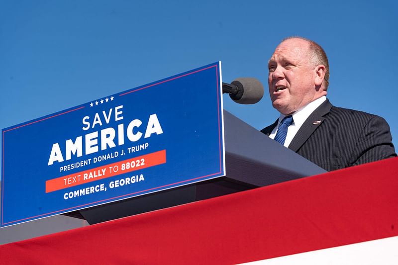 Tom Homan, former Acting Director of US Immigration and and Customs Enforcement speaks to supporters of former US President Donald Trump during a rally at the Banks County Dragway on 26 March 2022 in Commerce, Georgia