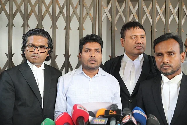 Limon Hossain speaks to the media after submitting his complaint at the International Crimes Tribunal (ICT) in Dhaka on 12 November, 2024.