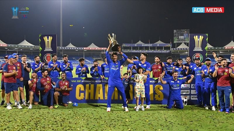 Afghanistan players celebrate the series win over Bangladesh in the UAE