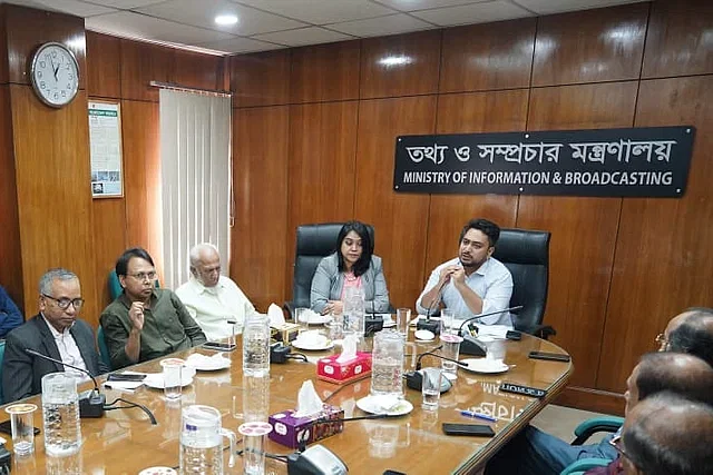 Adviser Nahid Islam in a meeting with newspaper editors at his ministry on 12 November, 2024.