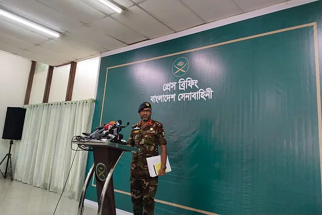 Colonel Staff at the Military Operations Directorate of Army Headquarters, Intekhab Haider Khan, at a press briefing at Dhaka Cantonment Officers' Mess on Wednesday.